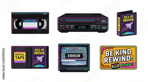 Retro 80s and 90s technology collection VHS tapes, retro TV, and video movie rentals