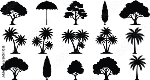 Set of black silhouette trees and palm icons Vector