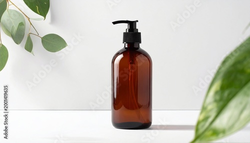 A brown amber glass pump bottle for cosmetic products displayed on a clean white surface with natural green leaves in a minimalist setting.