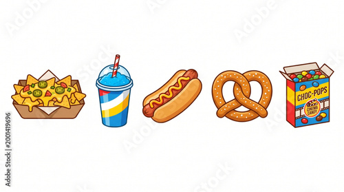 Colorful cartoon illustrations of popular snack foods nachos, soda, hot dog, pretzel, and cereal, suitable for various design themes