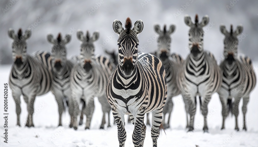 Obraz premium A group of zebras standing together in a snowy field during winter with the focus on the zebra in the foreground looking at the camera.