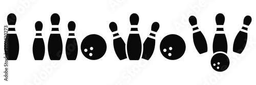 Bowling Game Icons Set – Bowling Pins and Ball Sport Vector Icons for Strike, Spare, Competition and Leisure Recreation
 Activity Symbols