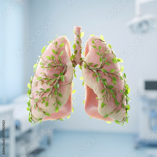 Human Lungs with Green Leaves Nature - 3D Render Clean Air Health Respiratory Concept

