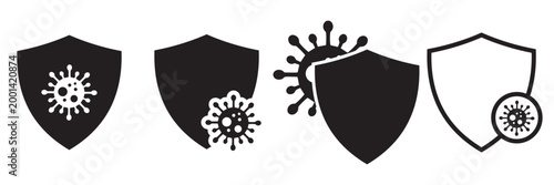 Flu and Virus Protection Shield Icons Set – Immunity, Hygiene and Bacterial Prevention Outline and Filled
 Vector Illustration with Editable Stroke