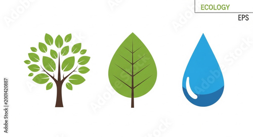 Tree Leaf and Water Drop Icons Representing Ecology.