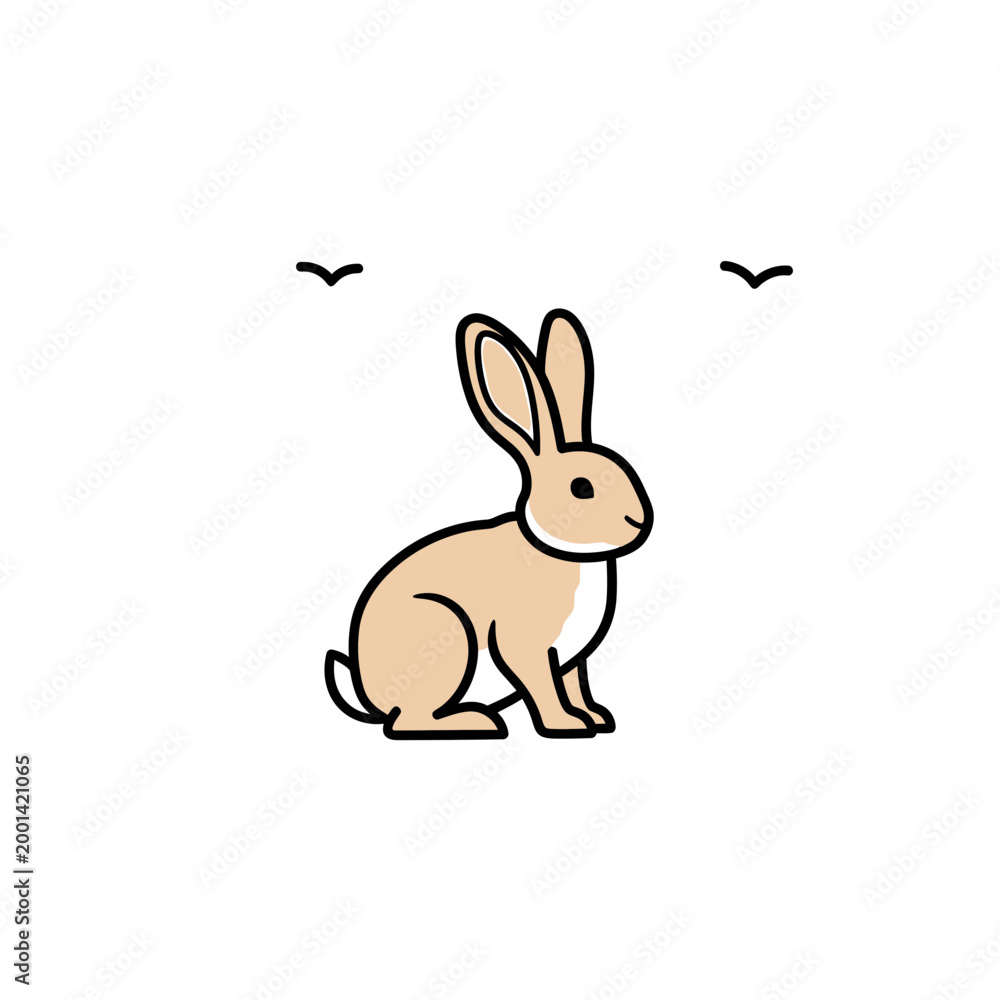 Obraz premium Minimalist Vector Illustration of a Sitting Brown Rabbit with Birds