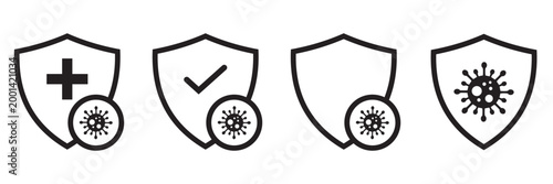 Flu and Virus Protection Shield Icons Set – Immunity, Hygiene and Bacterial Prevention Outline and Filled
 Vector Illustration with Editable Stroke