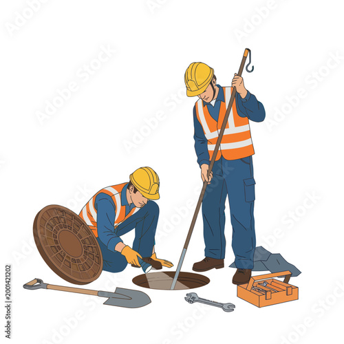 Construction workers inspecting a manhole, teamwork and infrastructure maintenance