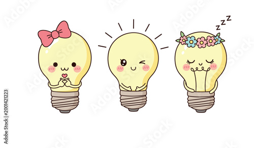Kawaii Light Bulb Character Set with Cute Expressions, Smiling, Winking, and Sleeping Cartoon Icons for Kids and Fun Designs