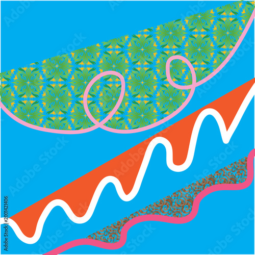 Vibrant abstract shapes, colorful wavy lines, decorative patterns, blue background, graphic elements