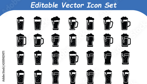 Editable vector icon set of black beer mugs and pint glasses with foam heads