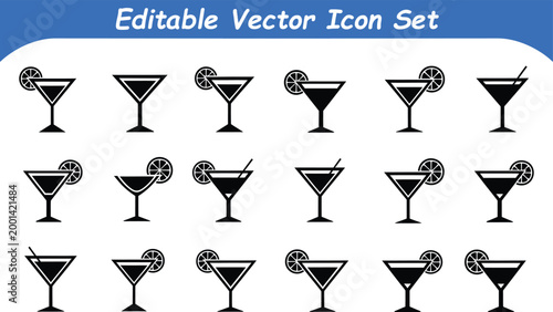 Editable vector icon set of black cocktail and martini glasses with garnishes
