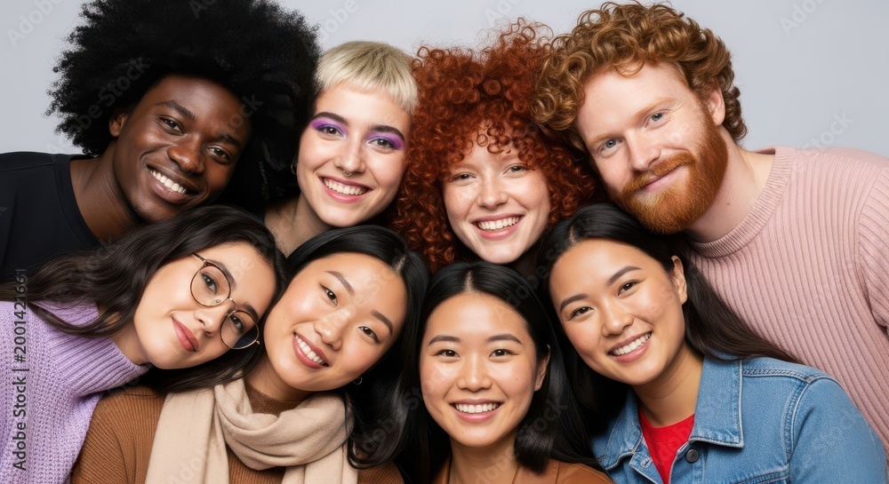 Fototapeta premium Diverse group of young adults smile together in a portrait.