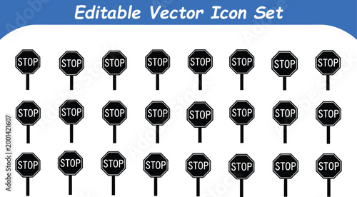 Collection of traffic stop sign icons in black silhouette with silhouette