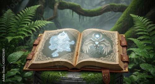Open book with illustrations in a mystical setting