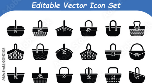 Woven picnic basket and shopping container icons set with shopping, container
