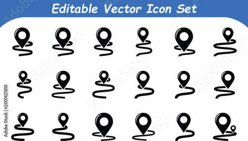 Map location pointer and route path icons set with location, navigation