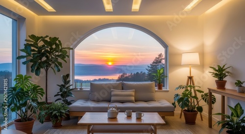 Cozy living room with plants and ocean view at sunset