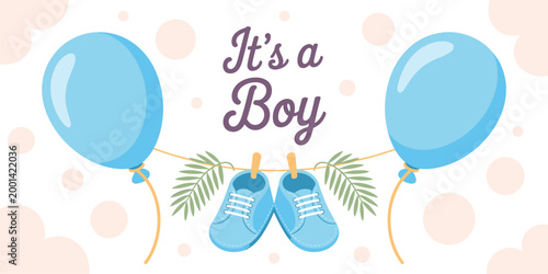 It is a boy baby shower greeting card banner featuring blue balloons hanging shoes and tropical leaves vector illustration