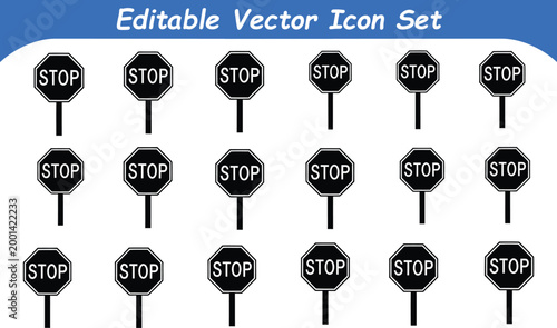 Set of eighteen flat stop sign icons for traffic and road safety communication