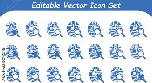 Blue fingerprint and magnifying glass icons set with fingerprint, investigation