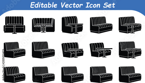 Set of black silhouette restaurant booth and table icons with restaurant