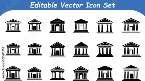 Ancient temple and classical greek bank building architecture vector icon set