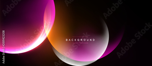 Abstract design features flowing curves, vibrant pinks, oranges, gradients. Dark background emphasizes luminosity, modern aesthetic.