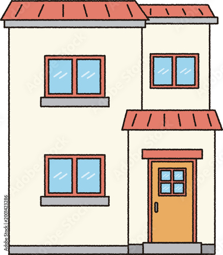 Cute Two Story House with Red Roof Cartoon Illustration