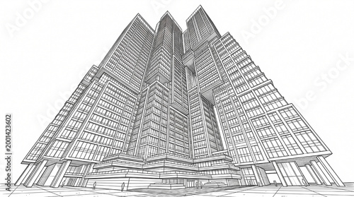Modern Skyscraper Architectural Line Drawing Urban City Building Perspective for Real Estate Development and Future Vision