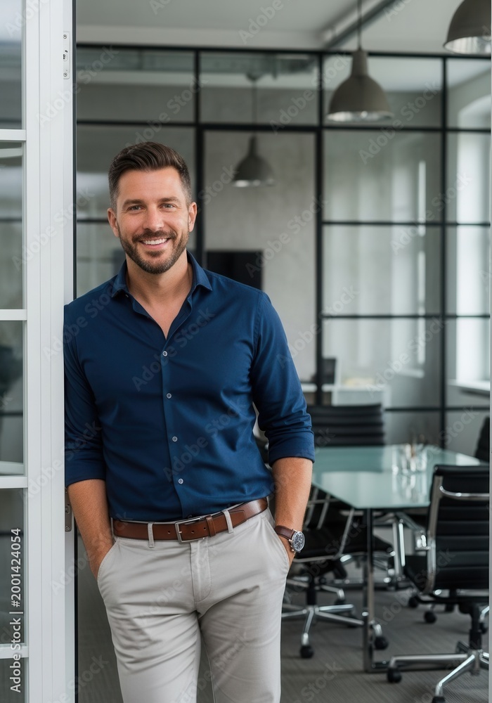 Fototapeta premium Confident businessman stands in a modern office doorway with a warm smile.