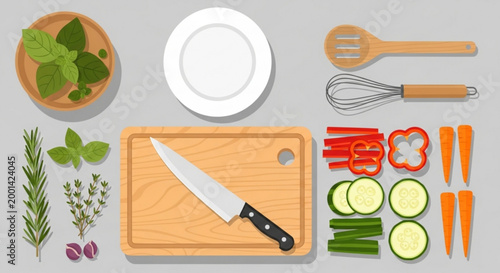 A colorful vector illustration of various kitchen utensils and fresh vegetables on a gray background for cooking and recipe design vector
