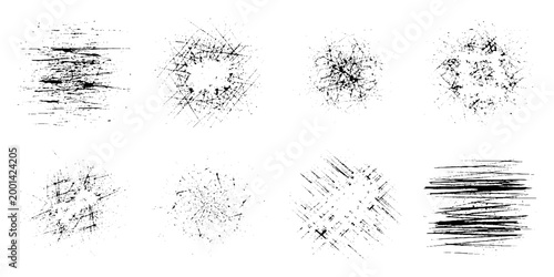 Collection of black grunge textures and scratches on white background for graphic design