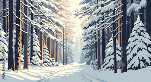A serene winter landscape illustration of a snow-covered forest with tall trees and a winding path leading into the distance under a bright sky vector