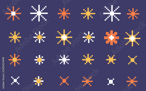 Pixel Star 8bit Icons Set, Retro 80s Pixel Art Sparks and Sparkle Emoji, Arcade Game Pixelated Firework Bursts, Magic Night Space Twinkle, Yellow Y2K Starburst Golden VFX Vector.