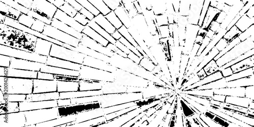 Black and white grunge vector illustration of shattered glass or broken brick wall texture with radial lines and fragments