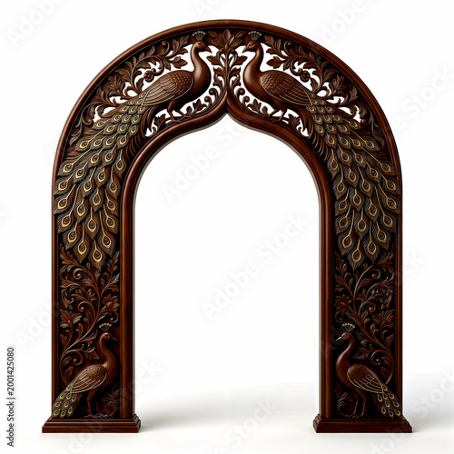 ornate wooden archway with intricate peacock carvings on white background high quality professional detailed modern elegant stylish clean crisp vibrant colorful