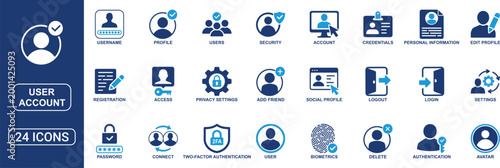 User Account Solid Icon Set Featuring Profile Login Password Username Avatar Authentication Security Settings Social Connect and Registration Vector Icons Collection
