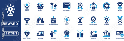 Reward and Achievement Solid Icon Set Featuring Award Trophy Medal Badge Gift Points Certificate Prize Winner Ranking and Success Vector Icons Collection