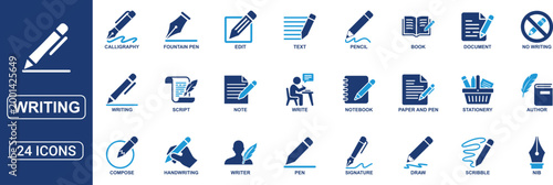 Writing and Editing Solid Icon Set Featuring Pen Pencil Document Note Text Author Handwriting Calligraphy Signature Script and Stationery Vector Icons Collection