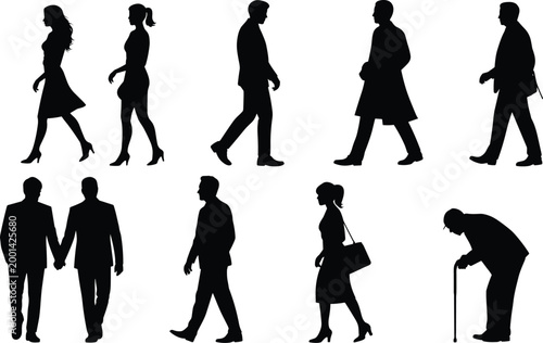 Set of people silhouettes featuring walking men and women elderly person and couple for architectural visualization and urban design