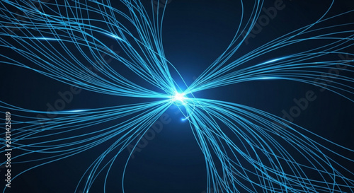 A glowing blue light with numerous curved lines radiating from it in all directions on a dark background vector