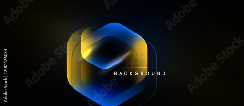 Abstract hexagon design. Gradient colors blend, creating dynamic visual effect. Dark background emphasizes bright shapes. Modern, sleek presentation.