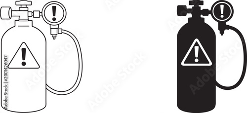 Black silhouette and outline vector of medical oxygen tank warning.