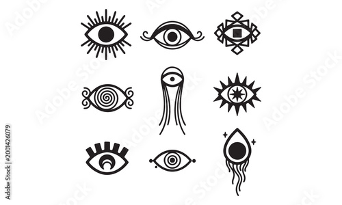 Mystical Evil Eye Symbols Set - Esoteric Boho Spiritual Eye Icons Black Vector Illustration Collection Bundle