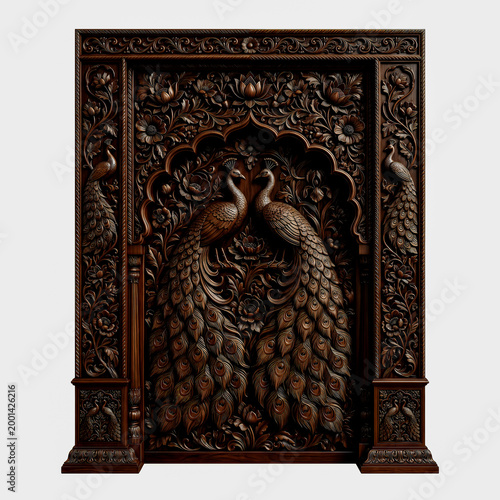 intricate wooden panel with peacock carvings and floral designs on white background high quality professional detailed modern elegant stylish clean crisp