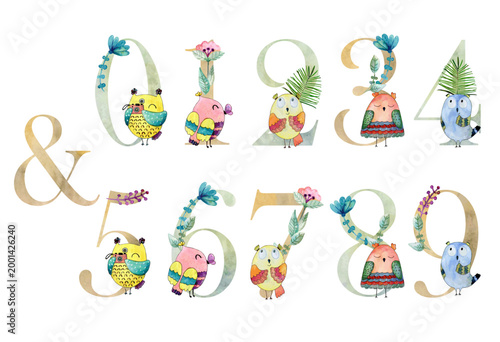 Vector watercolor numbers with colorful owls for invitation card, nursery poster and other.