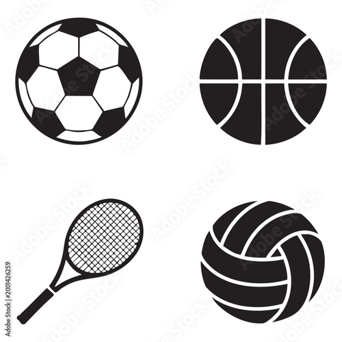 Sports equipment and balls silhouette icons, isolated on white, graphic design elements