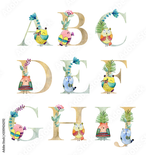 Vector watercolor letters with colorful owls for invitation card, nursery poster and other.