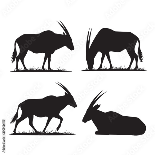 Four black gazelle antelopes in grassland silhouettes.